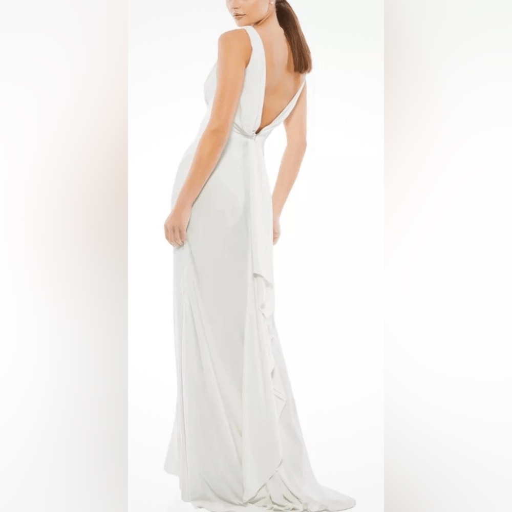 Mac Duggal Faux Wrap V-Neck Slit Jersey Gown in White NWT Size 10